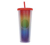 BBTISG Tasse à Rivets de 710ml avec Couvercle et Paille, Double Couche Réutilisable Tasse Froide pour Enfants et Adultes Portable Gobelet pour Jus, Café, Bureau à Domicile (Arc En Ciel Transparent)