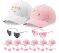 BBTO 16 Pièces Sets d'Accessoires pour Enterrement de Vie de Jeune Fille | 7 Casquettes Roses Team Braut & 1 Casquette Blanche Braut 8 Lunettes de Soleil de Fête Fête Prénuptiale Mariage Photo
