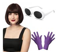 BBTO 3 Pièces Accessoires de Costume de Carnaval pour Femme Perruque Brune au Carré, Lunettes et Gants Violets pour Mardi Gras, Jeux de Rôle sur Thème du Cinéma ou Cosplay Hippie des Années 20