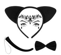 BBTO 4 Pcs Set d'Accessoires de Deguisement de Chat Bandeau d'Oreilles de Chat Queue de Chat Nœud Papillon Autocollant de Gemmes des Yeux Cosplay Carnaval Halloween, Noir (Vif)