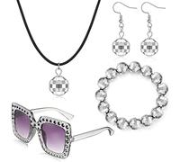 BBTO 4 Pièces Accessoires de Disco des Années 1970, Taille Unique | Lunettes de Soleil Carrées, En Strass, Boucles d'Oreilles Boule à Facettes, Bracelet Collier