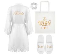 BBTO 4 Pièces Set Cadeau de Mariée Cadeaux de Fête Nuptiale Peignoir de Mariée en Satin Blanc avec Dentelle Dorée Sac Pantoufles Élastique à Cheveux Blanc pour Mariage Fiançailles Spa EVJF(XXL)