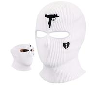 BBTO Balaclava à 2 Trous Masque de Ski Tricoté Balaclava Intégral en Tricot Couvre-Visage à 2 Trous Cagoule Intégrale d'hiver pour Sports Ski Moto Vélo Extérieur(Blanc,Arme et Cœur Brisé)