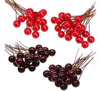 BBTO Berries Houx Artificiels, 100 Pièces Mini 10 mm Fake Berries Décoration sur Fil pour la Décorations d'Arbres de Noel Couronne de Fleurs Utilisation Artisanale Bricolage(Vin Rouge)