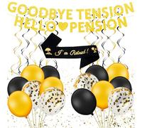 BBTO Lot de 29 Décorations de Fête avec Inscription « Goodbye Tension Hello Pension » Doré Scintillant Bannière à Paillettes Ballons en Latex à Retraite Noir et or pour Homme Femme