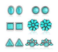 BBTO Lot de 6 paires de boucles d'oreilles western bohème turquoise à tige petites fleurs géométriques ovales vintage ethniques en alliage cadeau, 2 cm, Métal, Pas de pierre précieuse