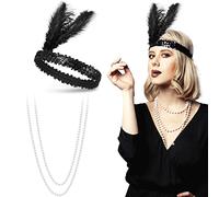 BBTO Set d'Accesoires de Costumes des Années 20 Accessoires de Costume Flapper d'Halloween Comprenant Collier en Fausse Perles Serre-Tête en Plume des Années 20 à Clapet pour Femme Fille