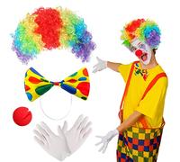 BBTO Set de 4 Pcs Accessoires de Costume de Clown, Perruque de Clown Arc-en-Ciel Nez de Clown Gants Blancs Nœud Papillon de Clown Accessoires de Tenue de Fête de Cirque Unisexe Carnaval Cosplay