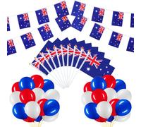 BBTO Set de 41 Décoration Patriote Australienne, 1 Guirlande de Drapeaux | 10 Drapeaux à Main Australiens, 30 Ballons Bleus, Rouges et Blancs, pour Fête à Thème Patriotique