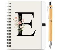 BBTO Set de Carnet de Notes et Stylo Personnalisé avec Initiale Lettre E, Cahier à Spirale Floral B6 avec Stylo en Bambou Lettre Cadeau pour Femme Homme Noël Anniversaire Saint Valentin Collègue Amis