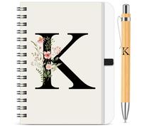 BBTO Set de Carnet de Notes et Stylo Personnalisé avec Initiale Lettre K, Cahier à Spirale Floral B6 avec Stylo en Bambou Lettre Cadeau pour Femme Homme Noël Anniversaire Saint Valentin Collègue Amis