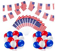 BBTO Set de Drapeau Amérique avec Guirlande de Bannière de Drapeau Amérique 10 Drapeaux à Main Américains 30 Ballons Bleus Rouges Blancs pour Décoration de Fête d'Envoi à Thème Patriotique (Amérique)