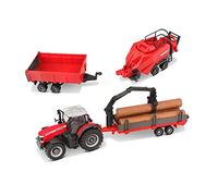 Bburago- Massey Ferguson 8740S Tracteur de Ferme avec 3 remorques 10 cm, B18-31668, Motifs et Couleurs Assorties