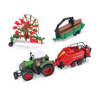 Bburago B18-31668FE Tracteur agricole FENDT moulé sous Pression avec 3 remorques Vert, Coleurs Assorties