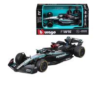 Bburago Formule 1 Mercedes-AMG Petronas F1 W15 Team (2024) : modèle de Voiture à l'échelle 1/43, de Pilote #63 George Russell, Window Box, 12,5 cm, Noir Argent (18-38208R)