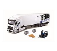 BBURAGO 1/43 Street Fire - Camion Avec Remorque Mercedes Benz Actros Sedis Logistics + Chariot Élévateur + 4 Accessoires