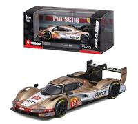 Bburago - Porsche 963 n° 12 avec vitrine d'exposition à l'échelle 1:43, Voiture Diecast en livrée dorée, réplique détaillée de Course d'endurance, Licence Officielle Porsche, 14+