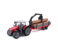 Bburago Tracteur Massey FERGUSSON 8740S B18-31659 avec remorque à bûches 10 cm, Rouge, Motifs et Couleurs Assorties