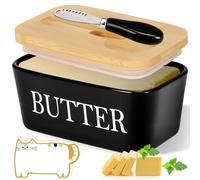 BBWELL Beurrier en Porcelaine,Boîte à Beurre avec Couvercle en Bambou,Couteau à Beurre,avec éponge de nettoyage,Scellée Beurrier Utilisé pour Placer du Beurre du Fromage Fruit Salade