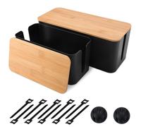 BBWELL Lot de 2 Boite Rangement Cable, Cable Management, Organisateur de Cable, Boite Cache Cable - Bambou Écologique, Cache Cable & Multiprise pour Bureau et Maison - sans Perçage
