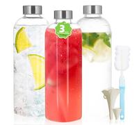 BBWELL Lot de 3 Bouteille Verre 1L - Bouteille en Verre 1 Litre avec Couvercles Hermétiques et Brosse de Nettoyage -Gourde Verre Étanche pour Jus,Boissons,Smoothie,Café,Étanche,Transparent