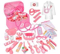 BBWELL Malette Docteur Enfant,Jouet Fille 3 Ans 46 Pièces Kit de Médecin Jouets Déguisement de Docteur avec Stéthoscope Fonctionnel, Complètes et Sac de Rangement,Cadeau Enfant 3 Ans en Bois - Rose