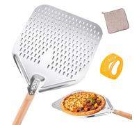 BBWELL Pelle a Pizza en Acier Inoxydable, Spatule Pizza Perforée 12 Pouces [73cm], Poignée Amovible en Bois pour Pizzas, Tartes, Flambée, Gaufres(avec un Couteau à Pizza)