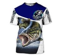BBYOUTH T-Shirts De Pêche en Basse 3D pour Hommes, Camouflage Poisson Faucheuse Imprimée Animal D'été Estival Summer Manches Courtes Harajuku T-Shirt,Blue White,XXL