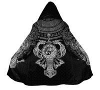 BBYOUTH Viking Mi-Long Cape à Capuche Faux Sherpa Hiver Chaud Imprimé 3D Mjölnir Rune Loup Cosplay Manteau,Black White,L