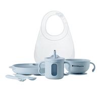 BC Babycare Kit repas bébé en silicone 6 pièces | Assiette ventouse, bol, bavoir, gobelet paille, fourchette et cuillère | Vaisselle sans BPA (Bleu)