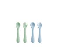 Bc BabyCare Tiny Grip Lot de 2 foruchettes et cuillères en silicone pour bébé - Vert/Bleu