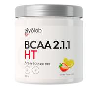 BCAA 2.1.1 HT | Poudre Acides Aminés | Leucine, Isoleucine et Valine | Récupération et Construction Musculaire | Vitamines B6 et B8 | BCAA Brevetés Instantanés | Saveur Fraise Citron | 300g | Eiyolab