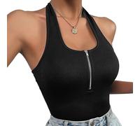 Bcenoilua Debardeur Femme, Haut Chic col en U Y2K Backless Top T-Shirts, Sexy Haut Dos Nu Zip Tops Coupe ajustée sans Manches Basique 2024 Décontracté Tops Été