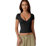 Bcenoilua Femmes T-Shirt à Manches Courtes Shirt Col V Manches Double Doublure, Gobelets sans Couture, Base Chic Ete Top