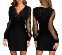 Bcenoilua Mini Robes Manches V Rétro en Maille Manches Longues Taille Haute Elégante en Tulle Cocktail Robe de Soirée Festive Robe Sexy Club