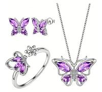 Bcenoilua Parure Ensemble de Bijoux Femme Papillon Collier Bague Boucles d'Oreilles Set pour Fiançailles de Bal de Mariage Anniversaire Noël Saint Valentin Femmes et Filles HS ZS