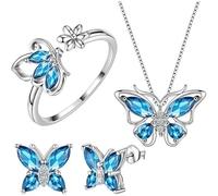 Bcenoilua Parure Ensemble de Bijoux Femme Papillon Collier Bague Boucles d'Oreilles Set pour Fiançailles de Bal de Mariage Anniversaire Noël Saint Valentin Femmes et Filles HS LS