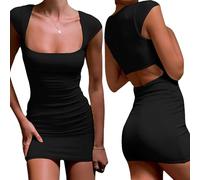Bcenoilua Robe Femme Courte Manches Courtes Backless à Col Carré Sexy Slim Fit Courtes Découpée à la Taille Robe Courte Club de Soirée Fête Dresses de Cocktail Soirée Party Clubbing Nuit HL