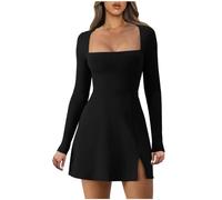 Bcenoilua Robe Moulante Femme À Manches Longues en Encolure Carrée Évasées Robes Sexy Chic Fendue Mini Bodycon Décontracté Y2k Midi Robes pour Cocktail Soirée Fête Clubbing