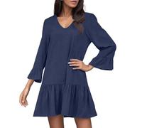 Bcenoilua Robes pour Femmes Mini Robes éVaséEs Et PlisséEs Robe Midi en Lin de Coton à Manches Longues, Robe De Plage à Col en V, Robe de Cocktail Dé Contractée
