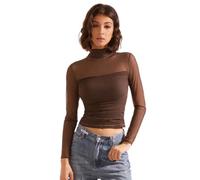 Bcenoilua T-Shirt Transparent à Manches Longues pour Femme Sexy Noir Haut en Maille Transparente Tops Elastique Col Montant Y2K Shirt Serré en Maille Blouse Sheer Mesh pour Soirée Club