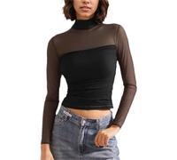 Bcenoilua T-Shirt Transparent à Manches Longues pour Femme Sexy Noir Haut en Maille Transparente Tops Elastique Col Montant Y2K Shirt Serré en Maille Blouse Sheer Mesh pour Soirée Club