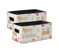BCFHRGT Lot de 2 bacs de rangement en tissu pour placard, livres de maquillage, étagères, salon - Motif Père Noël - Doré et rouge