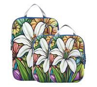 BCFHRGT Lot de 3 cubes d'emballage de voyage pliables pour valises, sacs en polyester pour rangement de placard, motif lys de Pâques
