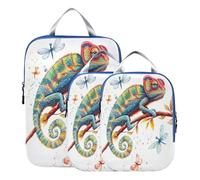 BCFHRGT Lot de 3 sacs pliables en plastique polyester pour vêtements, caméléon de dessin animé, reptile