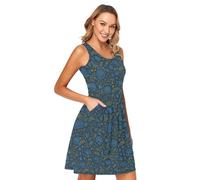 BCFHRGT William Morris Robe courte décontractée sans manches avec poches Motif floral indigo, William Morris Motif floral indigo, Taille S