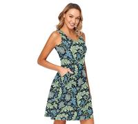 BCFHRGT William Morris Robe d'été décontractée sans manches avec poches Motif feuilles d'algues Bleu, William Morris Feuille d'algues Bleu Fleur, Taille S