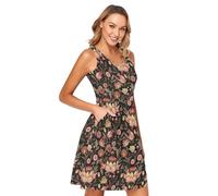 BCFHRGT William Morris Robe d'été décontractée sans manches avec poches Motif floral Marron pêche, William Morris Floral Peach Brown, Taille S
