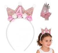 BCHMN 4 ans Bandeau couronne de roses pour enfants et bougie 4 ans, couronne princesse, decoration anniversaire 4 ans fille, serre-tête rose pour décoration