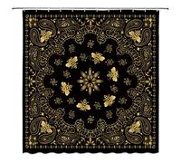 BCNEW Rideau de douche en cachemire bohémien tribal ethnique noir et or vintage floral et animal abeille baroque damassé en polyester 70×70" avec trou de crochet